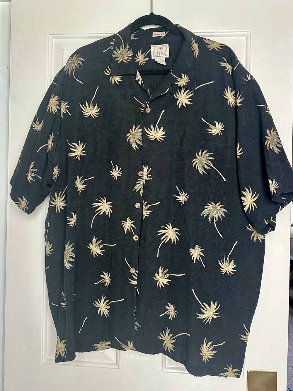 Mens 2x Black Palm-Print Silk Short-Sleeve Camp Shirt